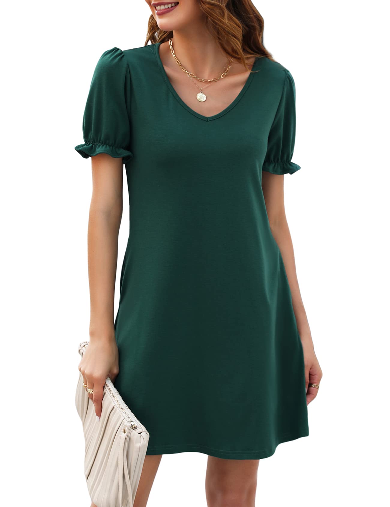 Halife Womens Summer Dresses Casual Puff Short Sleeve V-Neck T Shirt Dress with Pockets