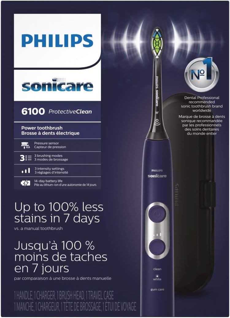 Philips Sonicare ProtectiveClean 6100 Rechargeable Electric Toothbrush, with Pressure Sensor, 3 Cleaning Modes, SmarTimer and QuadPacer, 14-Day Battery Life, Travel Case, Deep Purple, Model HX6471/03