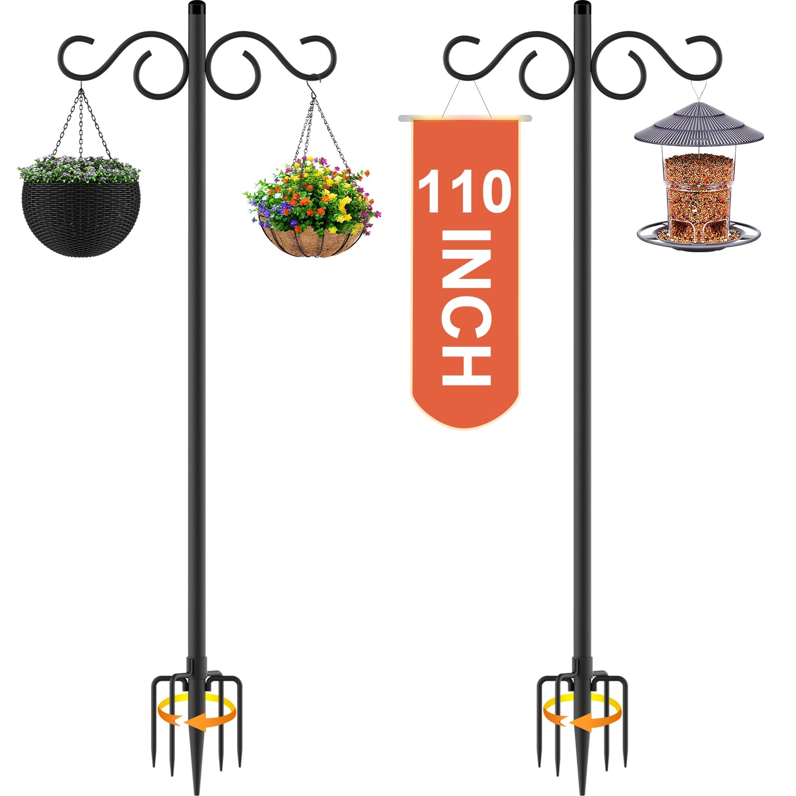 Double Shepherds Hooks for Outdoor,2 Pack 90 Inch Bird Feeder Pole with 5 Prongs Base,Heavy Duty Shepherds Hook,Suitable for Garden in Hanging Flower Basket,Lantern,Bird Nests (90 Inch)