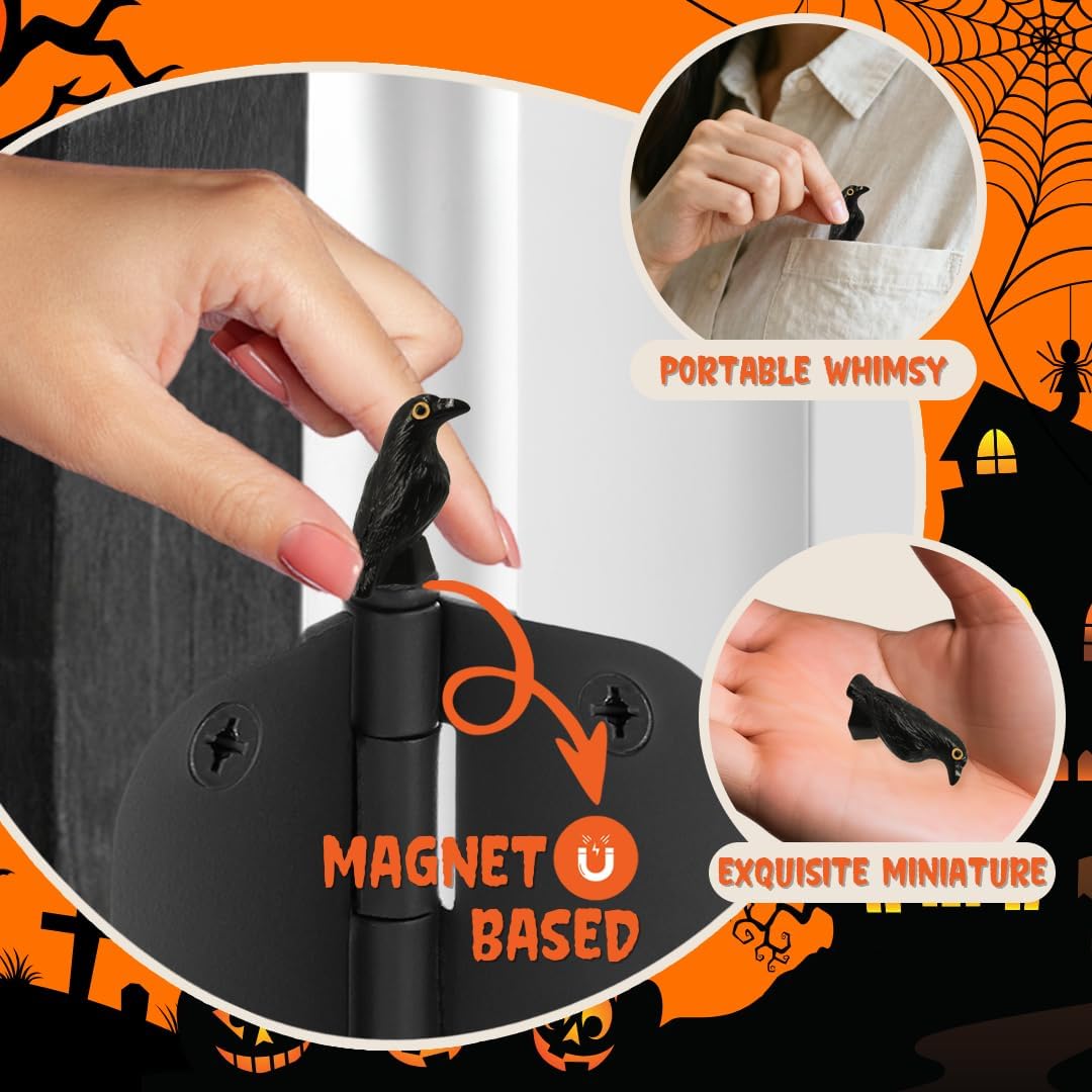 Black Crows Door Hinge Toppers Set of 6 - Spooky Black Raven Miniature Hinge Heads Decorative Topper - Magnetic Decorative Charms for Halloween Home Decor