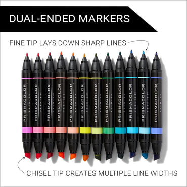 Prismacolor Premier Dual-Ended Art Markers Chisel Tip and Fine Tip Hyper Bright Colors Adult Coloring 12 Count