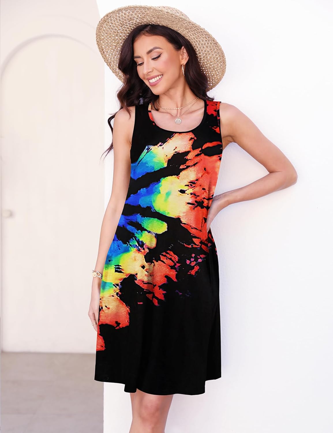 Halife Womens Summer Dresses Casual Sleeveless Tshirt Sundresses Vacation Beach Cover Up Dress with Pockets