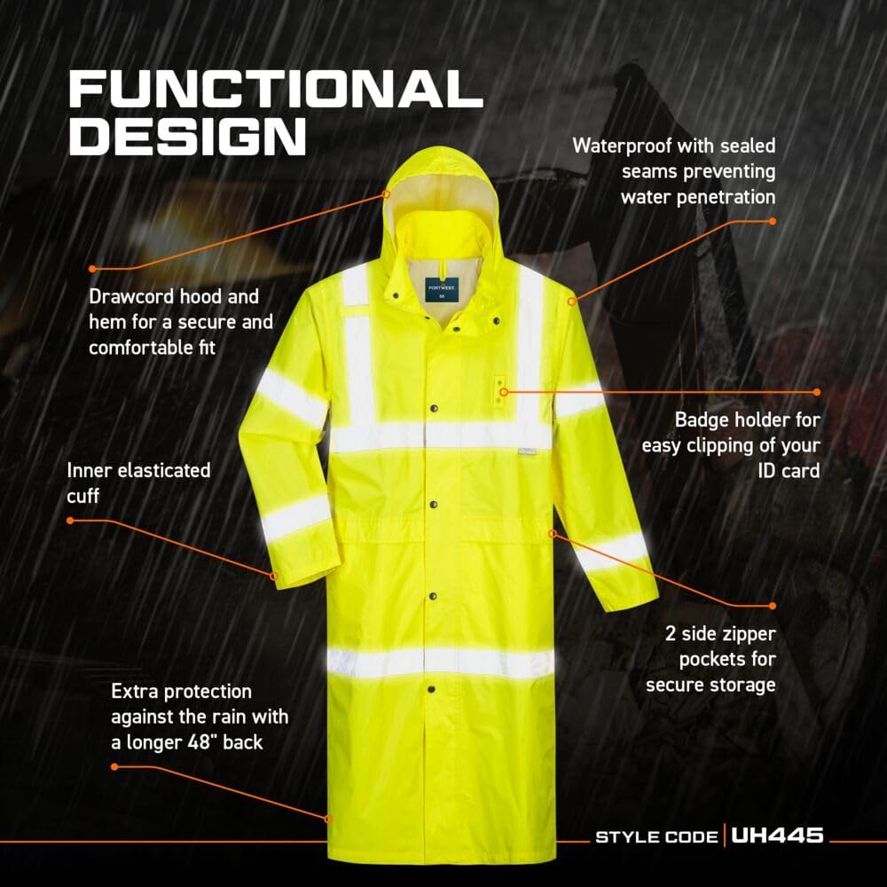 Portwest UH445 Men's Classic Raincoat Waterproof Hi Vis Reflective Long Rain Jacket ANSI Class 3 Yellow