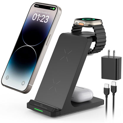 Wireless Charging Station, 3 in 1 Fast Wireless Charger Stand for Multiple Devices Apple Watch Ultra Series 10 9 8 7 6 SE 5 4 3 2, iPhone 16 15 14 13 12 11 Pro Max/Plus/Mini/X/XS/Max/XR/SE, Airpods