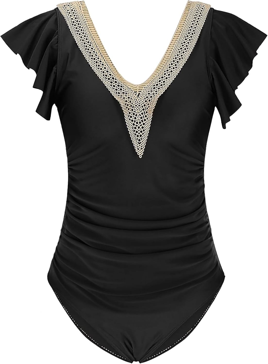 Buauty Womens One Piece Swimsuits Tummy Control Bathing Suits Deep V Lace Neckline Ruffle Swimwear Women 2025