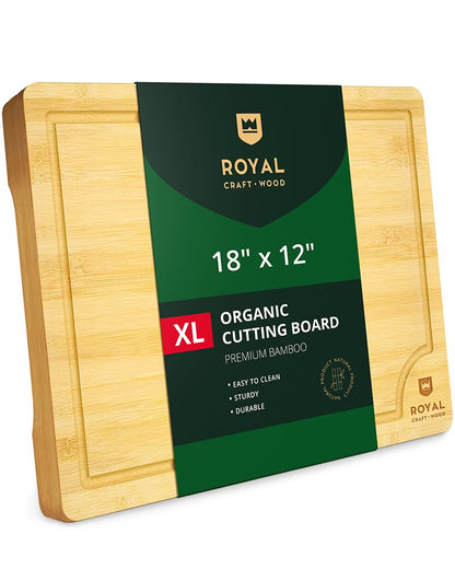 ROYAL CRAFT WOOD Wooden Cutting Boards for Kitchen Meal Prep & Serving - Bamboo Wood Serving Board Set with Deep Juice Groove Side Handles - Charcuterie & Chopping Butcher Block for Meat (3 Pcs)