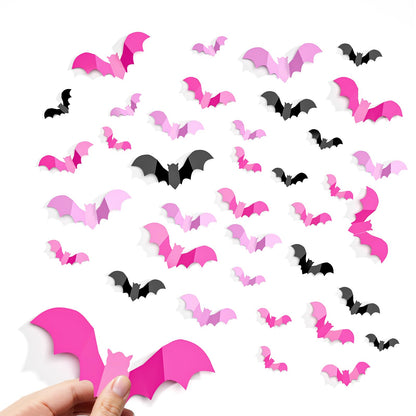 140Pcs Bats Halloween Decor, Spooky Halloween Party Supplies Stickers, 3D Bats Wall Decal, Cute Halloween Decorations Indoor for Bedroom, Bathroom, Home, Door, Window, Office