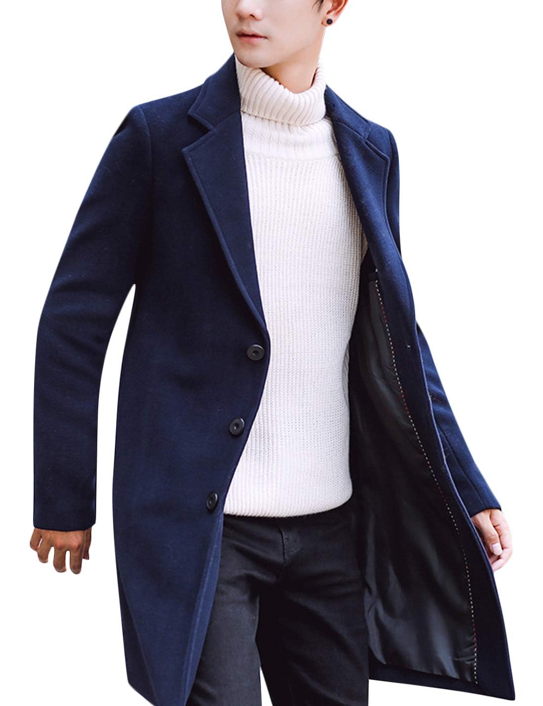 Springrain Men's Wool Blend Pea Coat Notched Collar Single Breasted Overcoat Warm Winter Trench Coat