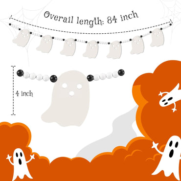 Cute Halloween Ghost Garland Decorations Indoor Outdoor, Wood Ghost Banner with Beads, Rustic Halloween Banner for Haunted House Party Decor
