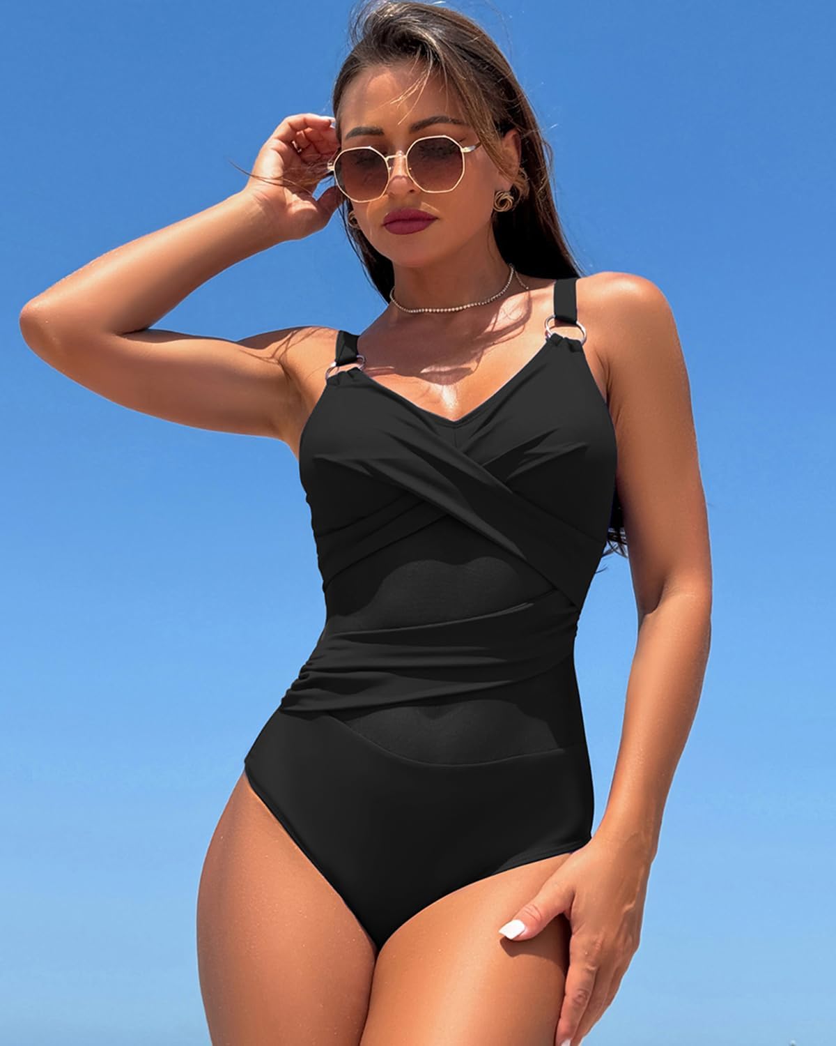 Limeeke Women's One Piece Swimsuit Sexy Mesh Sheer Tummy Control Bathing Suit Cross Twist Front Swimwear