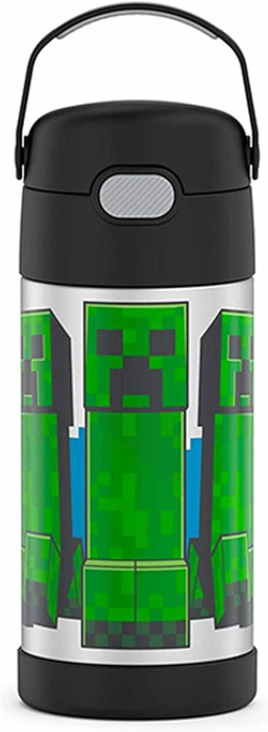 THERMOS FUNTAINER Water Bottle with Straw - 12 Ounce - Kids Stainless Steel Vacuum Insulated Water Bottle with Lid, Minecraft