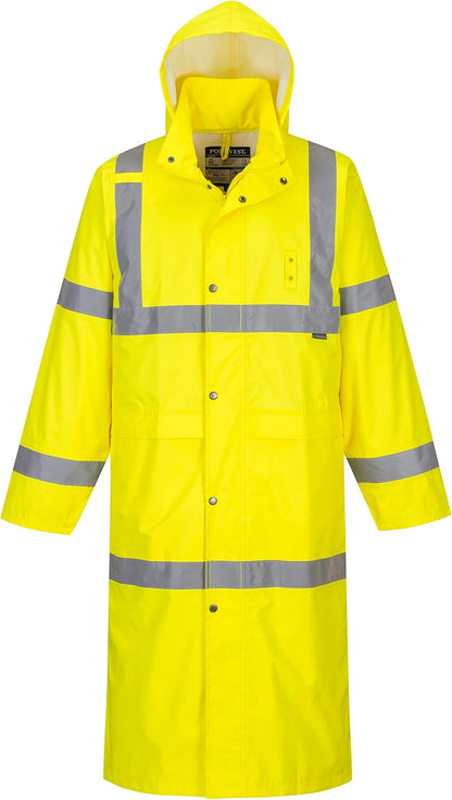 Portwest UH445 Men's Classic Raincoat Waterproof Hi Vis Reflective Long Rain Jacket ANSI Class 3 Yellow