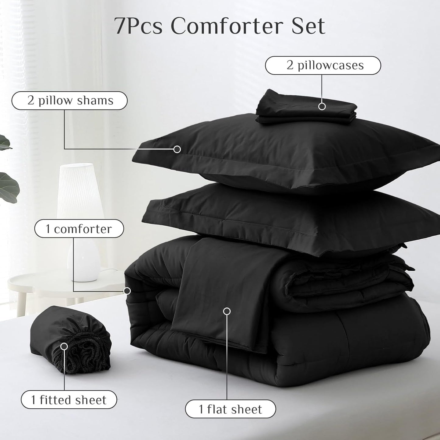 JOLLYVOGUE Queen Comforter Set, Ultra-Soft Bed in a Bag Queen Size 7 Pieces, Oeko-TEX Certified Bedding Set with Down Alternative Comforter, Sheets, Pillowcases & Shams, Black