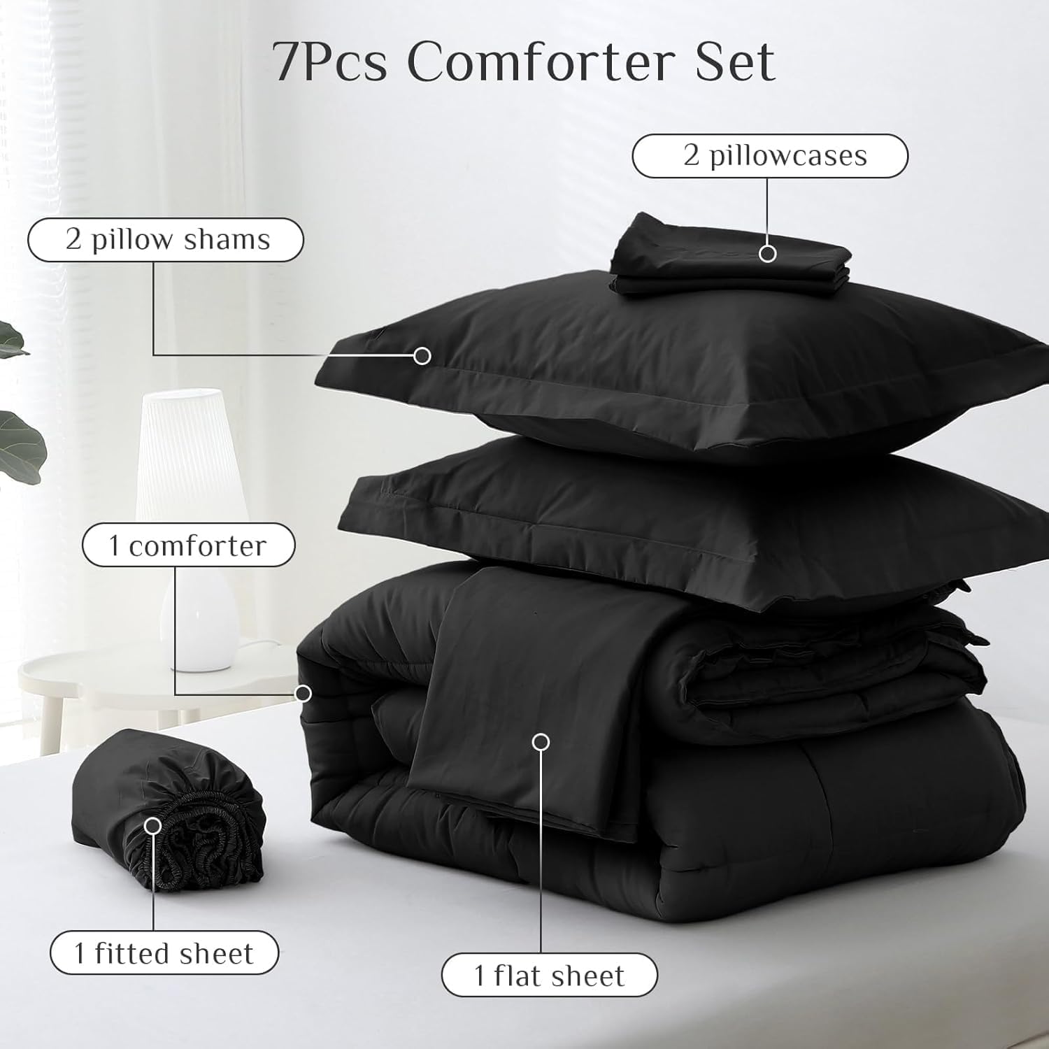 JOLLYVOGUE Queen Comforter Set, Ultra-Soft Bed in a Bag Queen Size 7 Pieces, Oeko-TEX Certified Bedding Set with Down Alternative Comforter, Sheets, Pillowcases & Shams, Black