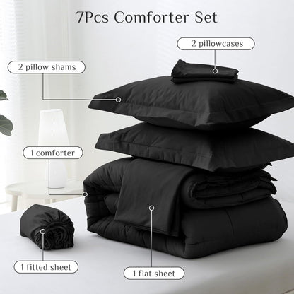 JOLLYVOGUE Queen Comforter Set, Ultra-Soft Bed in a Bag Queen Size 7 Pieces, Oeko-TEX Certified Bedding Set with Down Alternative Comforter, Sheets, Pillowcases & Shams, Black
