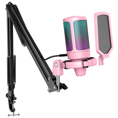 FIFINE Gaming PC USB Microphone, Podcast Condenser Mic with Boom Arm, Pop Filter, Mute Button for Streaming, Twitch, Online Chat, RGB Computer Mic for PC Gamer Youtuber-AmpliGame A6T