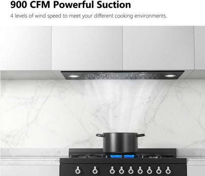 IKTCH 30 inch Black Built-in/Insert Range Hood, 900 CFM Ducted/Ductless Stainless Steel Kitchen Vent Hood with 4 Speed Gesture Sensing&Touch Control Panel(IKB01-30-BSS)