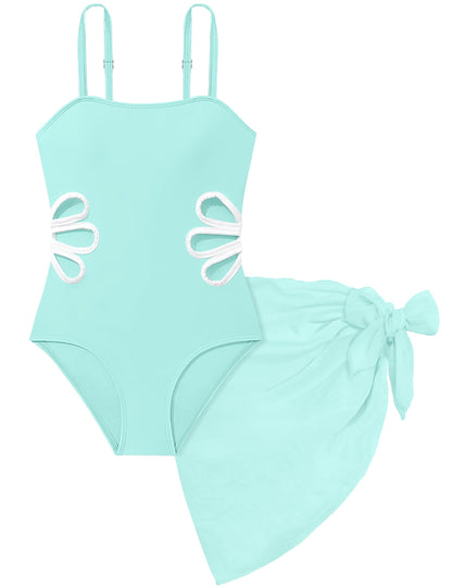Girls Swimsuit, Adjustable Straps Cut Out One Piece Bathing Suit with Solid Color Cover Up Skirt Girls' Swimwear