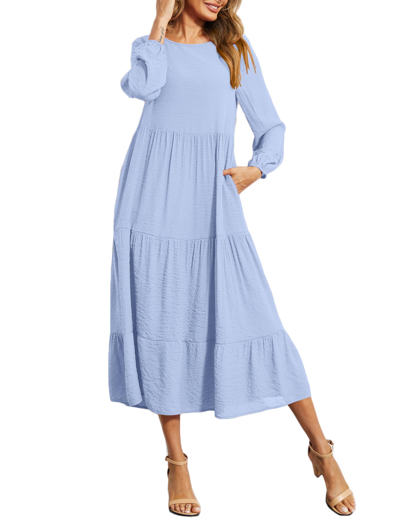 Halife Women's Summer Casual Maxi Dresses Flowy Ruffle Boho Long Dresses with Pockets