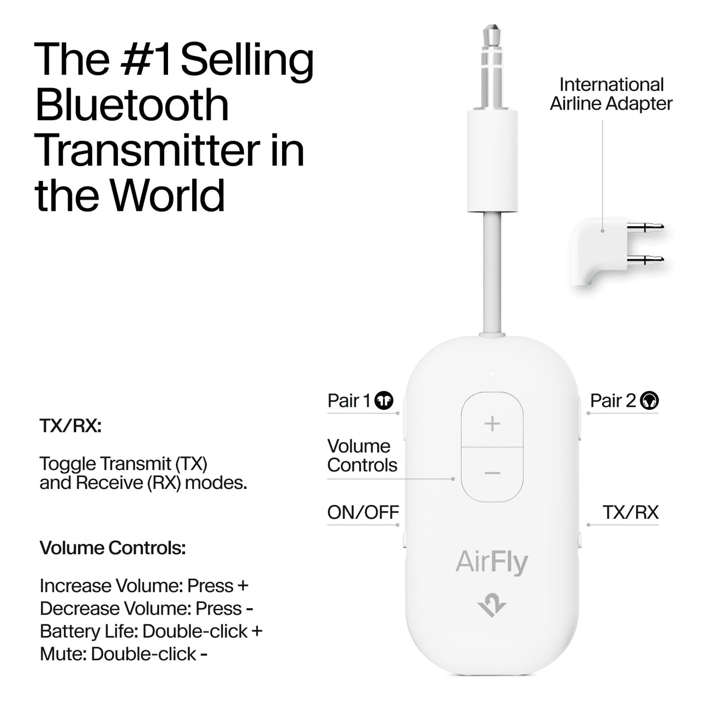 AirFly Pro 2 Deluxe – Bluetooth Adapter for Airplane, Pair 2 AirPods or Wireless Headphones – 3.5mm AUX Bluetooth Transmitter/Receiver for Cars, Boats, Treadmills, TVs – Airplane Travel Essentials
