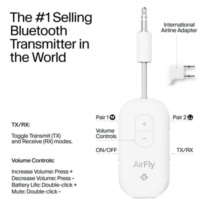 AirFly Pro 2 Deluxe – Bluetooth Adapter for Airplane, Pair 2 AirPods or Wireless Headphones – 3.5mm AUX Bluetooth Transmitter/Receiver for Cars, Boats, Treadmills, TVs – Airplane Travel Essentials