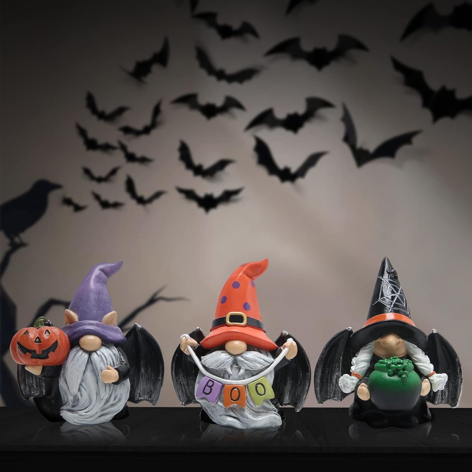 Hodao 3pcs Halloween Gnomes Decorations Handmade Scandinavian Gnome Figurines with Black Wing Boo Halloween Gnomes Figurines Decor Pumpkin Office Table Decorations Gifts