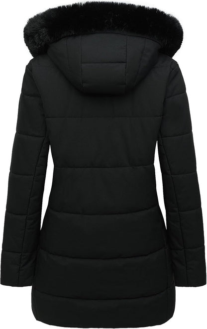 MOERDENG Women's Winter Puffer Coat Thicken Fleece Lined Down Jacket Waterproof Faux Fur Detachable Hooded Parka