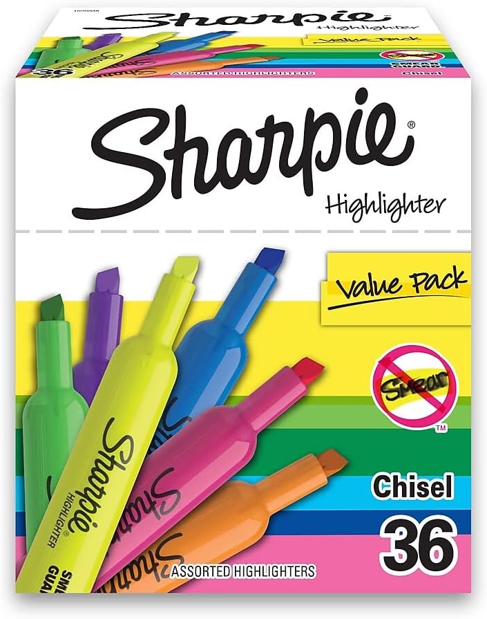 Sharpie Tank Highlighters, Fluorescent And Pastel Highlighters, Chisel Tip, Highlighter Markers Set, Assorted Colors, Value Pack, 36 Count - School, Office, Teacher Supplies