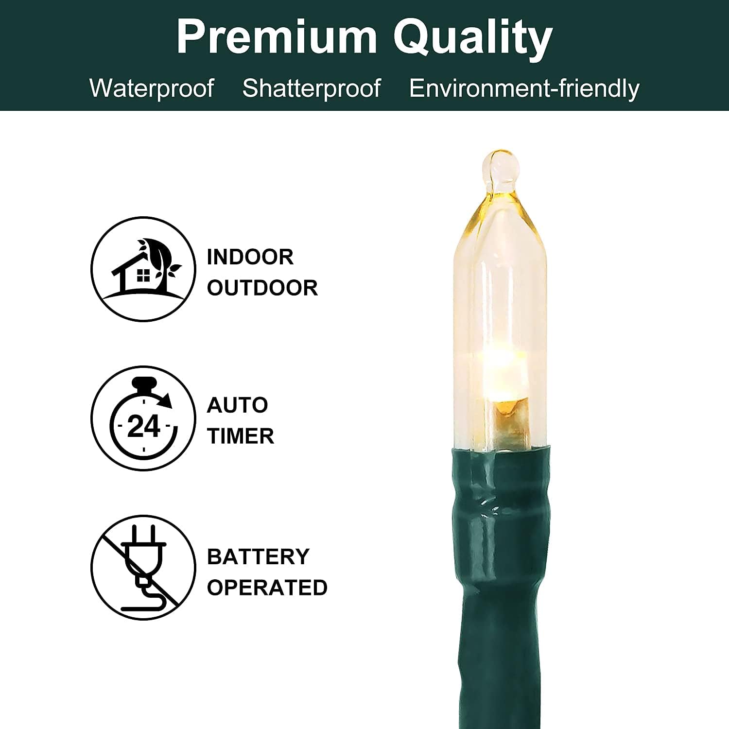 Christmas Light, 33ft 100 LED Battery Operated String Lights with Auto Timer & 8 Modes, Green Wire Outdoor Waterproof String Lights for Outdoor and Indoor Christmas Decor – Warm White