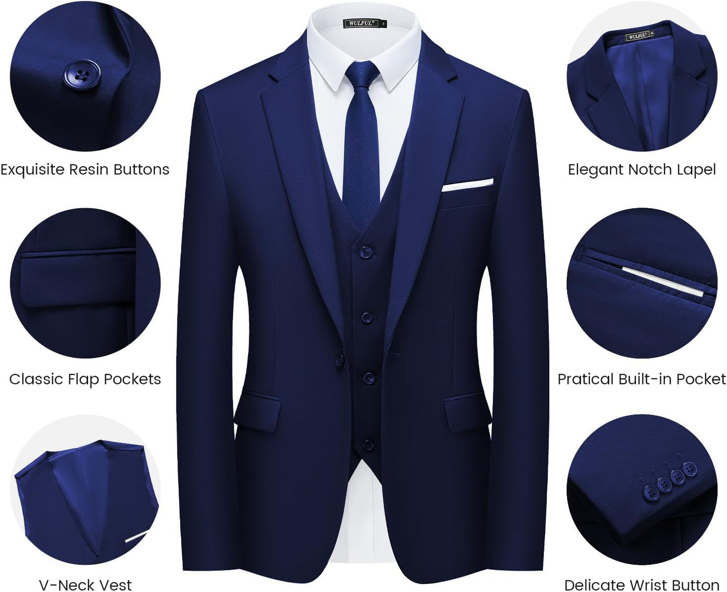 WULFUL Men’s Slim Fit Suit One Button 3-Piece Blazer Dress Business Wedding Party Jacket Vest & Pant