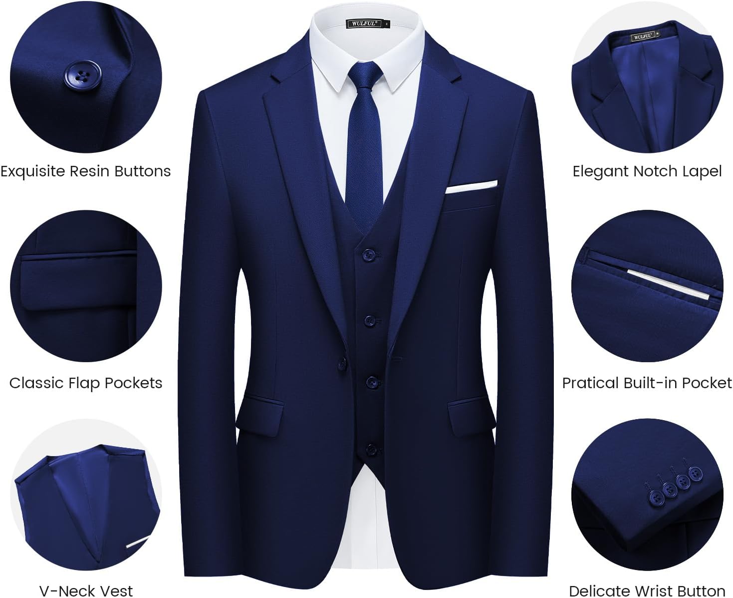 WULFUL Men’s Slim Fit Suit One Button 3-Piece Blazer Dress Business Wedding Party Jacket Vest & Pant