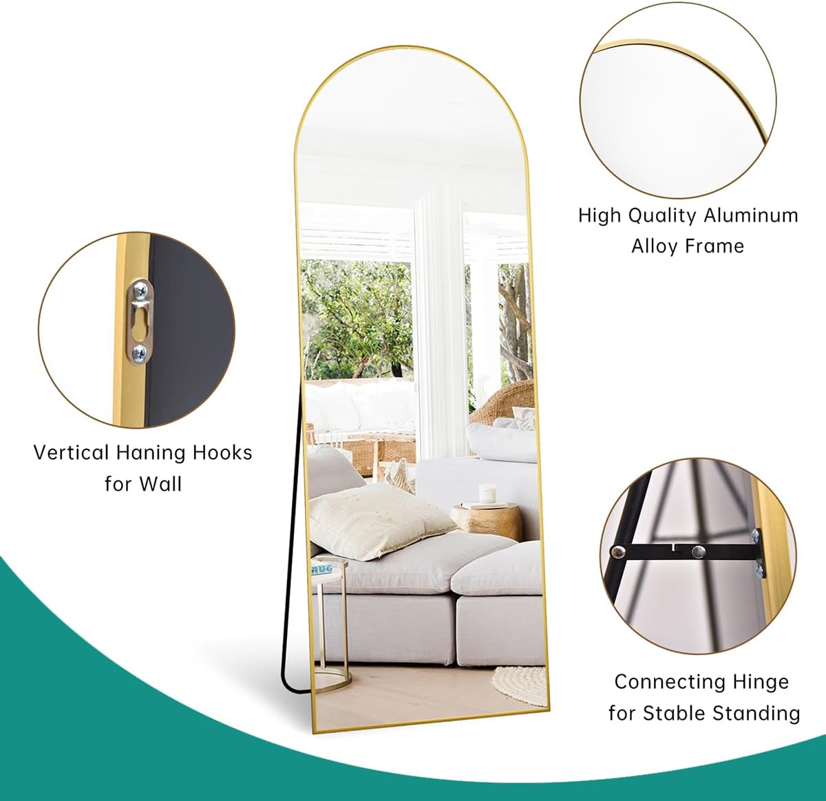TinyTimes 64''x21'' Arched Full Length Mirror with Stand, Full Body Mirror, Mirrors Full Length Floor Freestanding, Wall Mounted Mirrors for Bedroom Living Room Cloakroom (Gold)