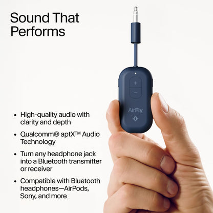 AirFly Pro 2 Deluxe – Bluetooth Adapter for Airplane, Pair 2 AirPods or Wireless Headphones – 3.5mm AUX Bluetooth Transmitter/Receiver for Cars, Boats, Treadmills, TVs – Airplane Travel Essentials
