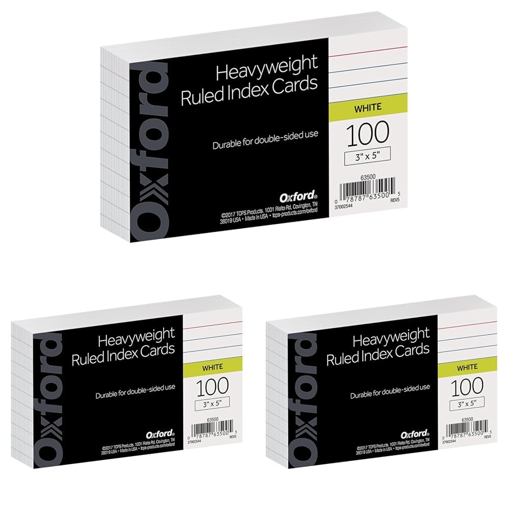 Oxford Heavyweight Ruled Index Cards, 3" x 5", White, 100 Per Pack (63500)