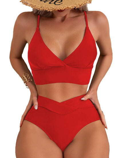 Limeeke Women's High Waisted Bikini Sets Cross V Neck Two Piece Swimsuit V Cut Bottom Bathing Suits