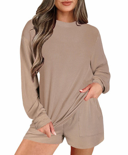 Womens Ribbed Pajama Sets Long Sleeve Top and Shorts Matching Lounge Set Loungewear Sweatsuit with Pockets