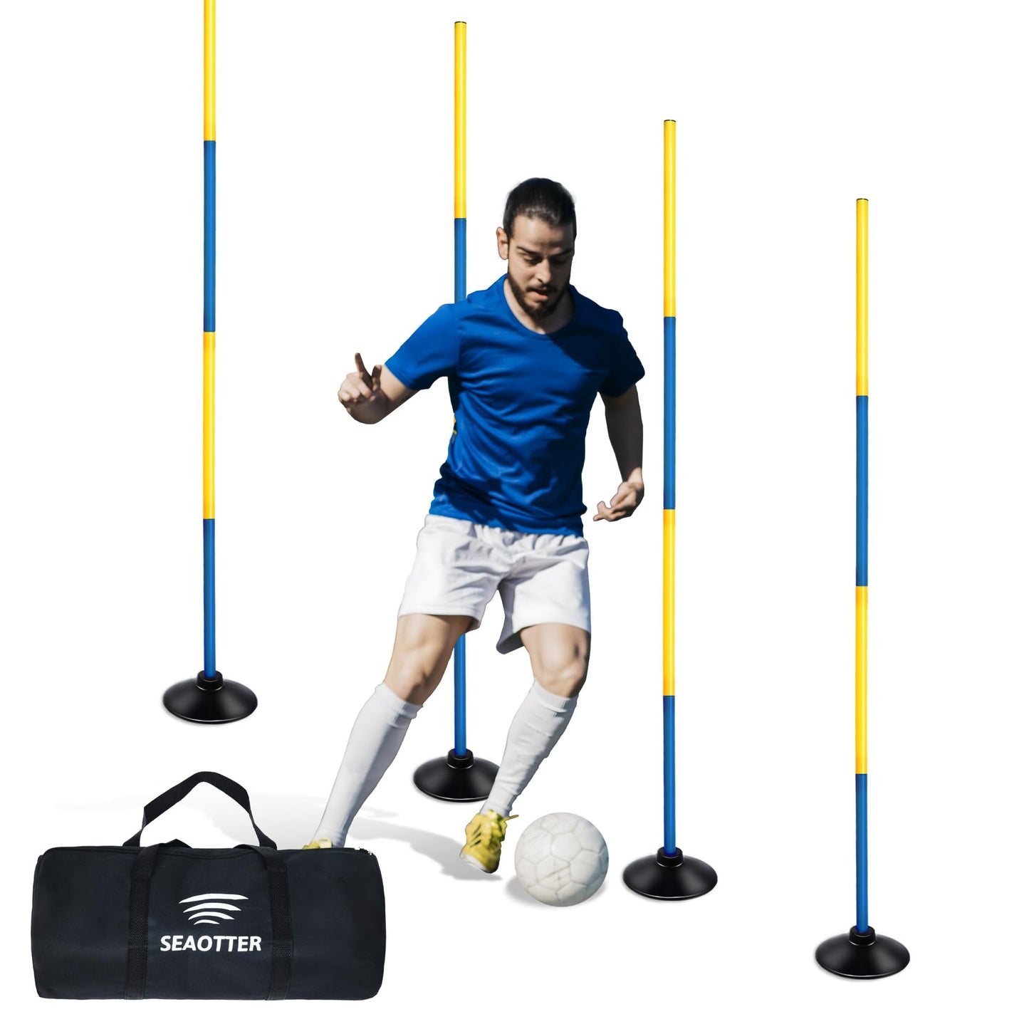 SEAOTTER Soccer Agility Poles Set, 4/6/10 Pcs 6ft Detachable Sports Trainning Speed Poles Slalom Poles with Rubber Base, Agility Training Equipment for Football, Rugby, Basketball, Indoor & Outdoor