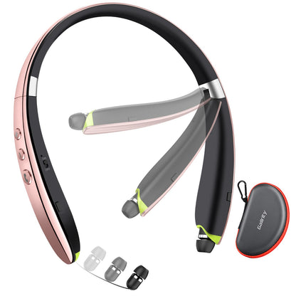 Bluetooth Headset, 2025 Upgraded Neckband Bluetooth Headphones with Retractable Earbuds, Noise Cancelling Stereo Earphones with Mic, Foldable Wireless Headphones for Sports Office with Carry Case
