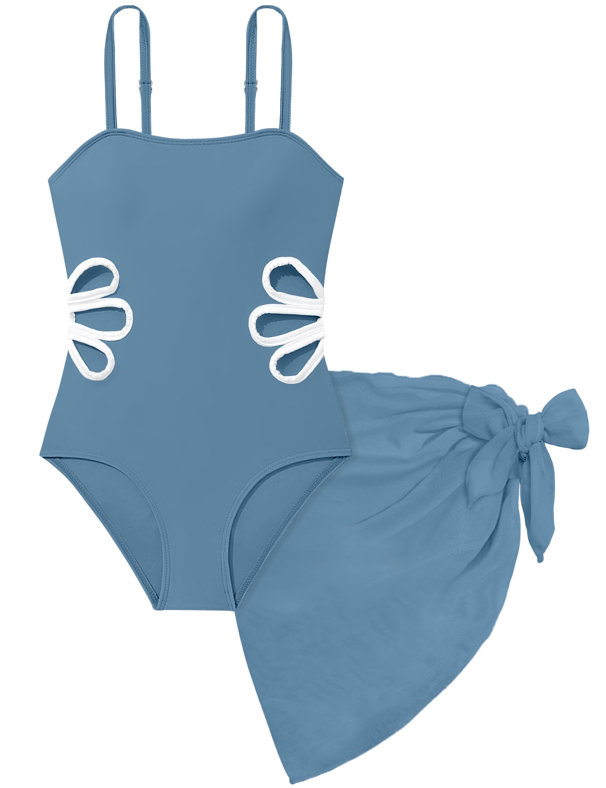Girls Swimsuit, Adjustable Straps Cut Out One Piece Bathing Suit with Solid Color Cover Up Skirt Girls' Swimwear