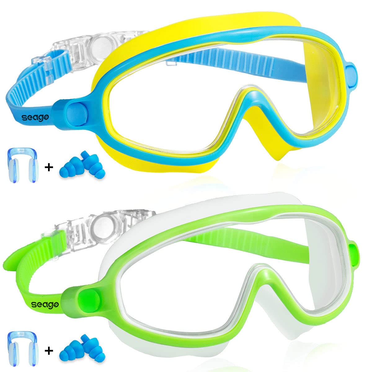 Seago Swim Goggles 2 Pack Anti-Fog Anti-UV Wide View Swimming Goggles for Kids 3-14