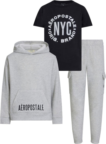AEROPOSTALE Boys 3 Piece Outfit Set - Fleece Pullover Hoodie, Cargo Sweatpants, T-Shirt, Boys Activewear Set, Sizes 4-12