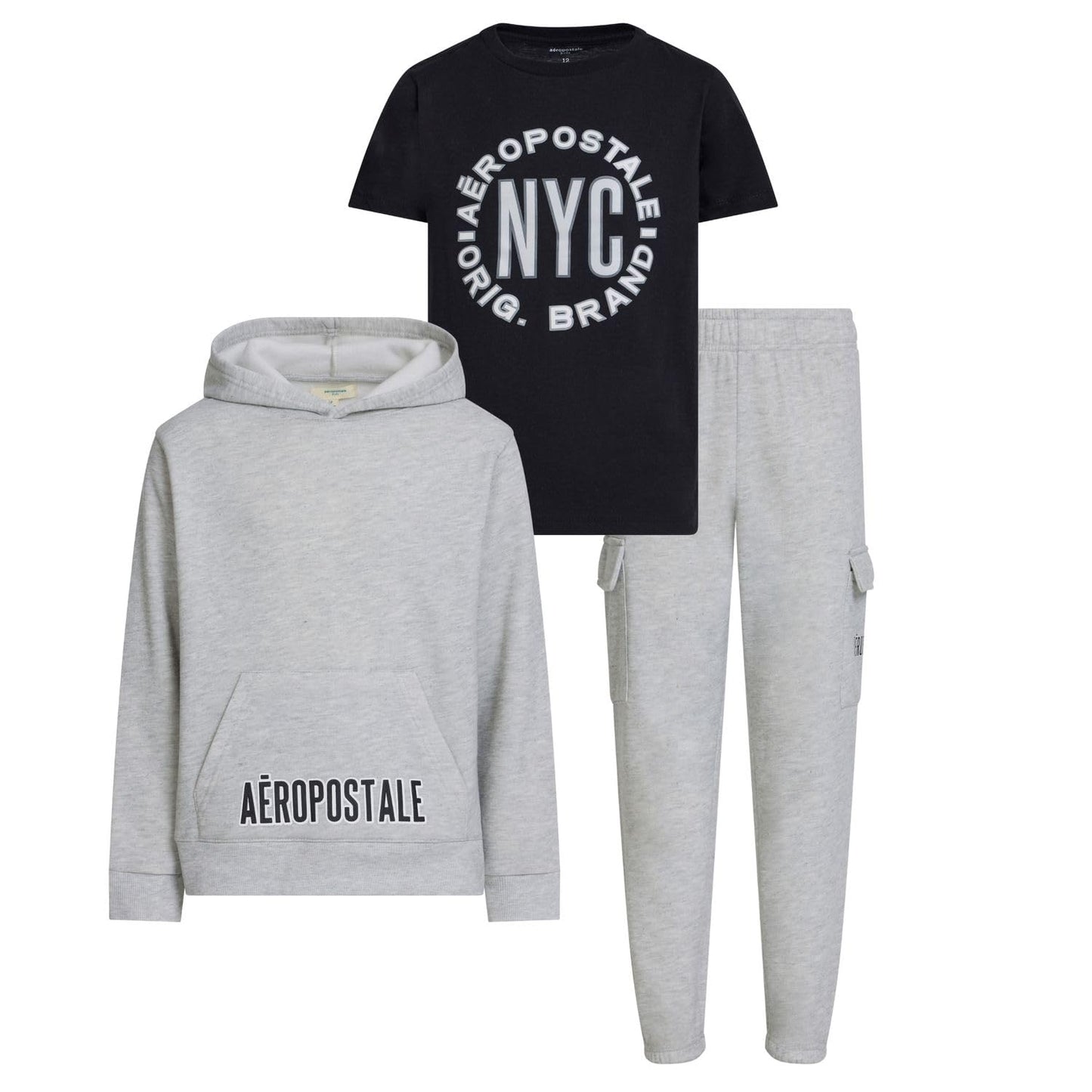 AEROPOSTALE Boys 3 Piece Outfit Set - Fleece Pullover Hoodie, Cargo Sweatpants, T-Shirt, Boys Activewear Set, Sizes 4-12