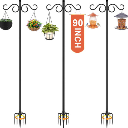 Double Shepherds Hooks for Outdoor,2 Pack 90 Inch Bird Feeder Pole with 5 Prongs Base,Heavy Duty Shepherds Hook,Suitable for Garden in Hanging Flower Basket,Lantern,Bird Nests (90 Inch)