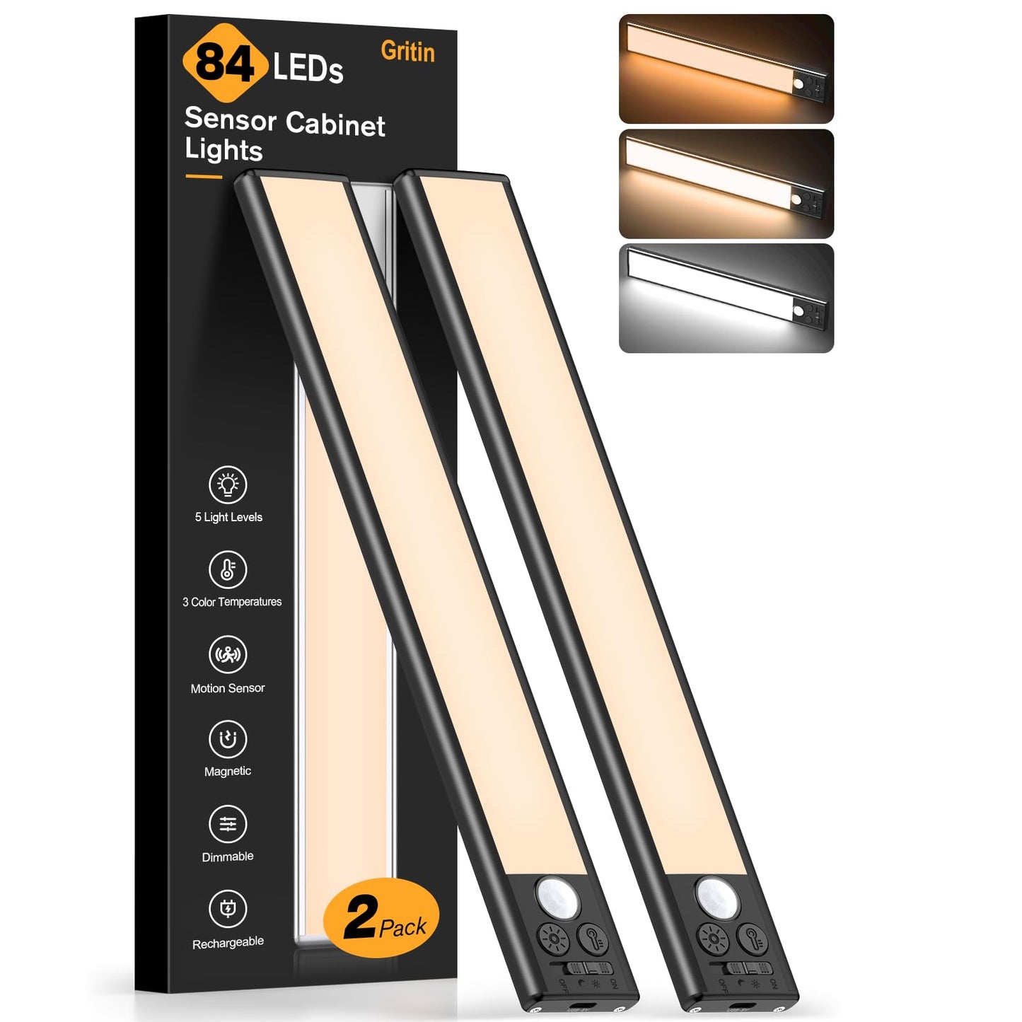 Gritin 10.2inch Under Cabinet Lighting Rechargeable -84 LED Super Bright,3-Color& 5 Level Brightness,4 Modes,Motion Sensor,Long Lasting- Easy Installation Magnetic Under Cabinet Closet Lights -2 Pack