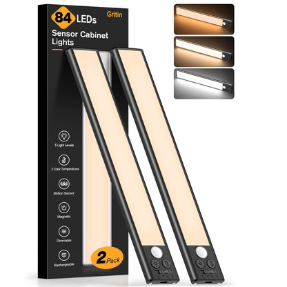 Gritin 10.2inch Under Cabinet Lighting Rechargeable -84 LED Super Bright,3-Color& 5 Level Brightness,4 Modes,Motion Sensor,Long Lasting- Easy Installation Magnetic Under Cabinet Closet Lights -2 Pack