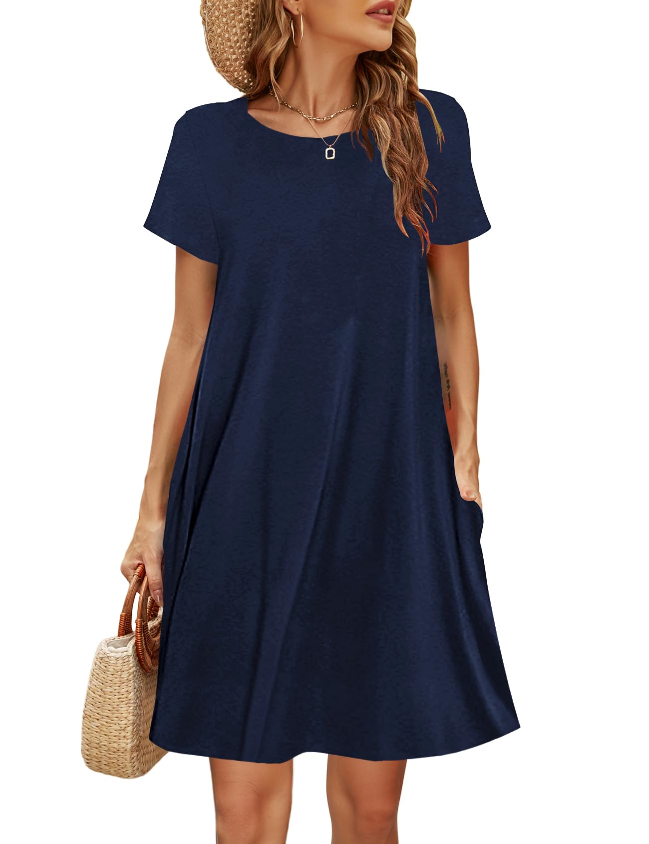 Halife Womens Summer Casual Tshirt Dress Loose Lace Hem Short Sleeve Beach Sundresses with Pockets