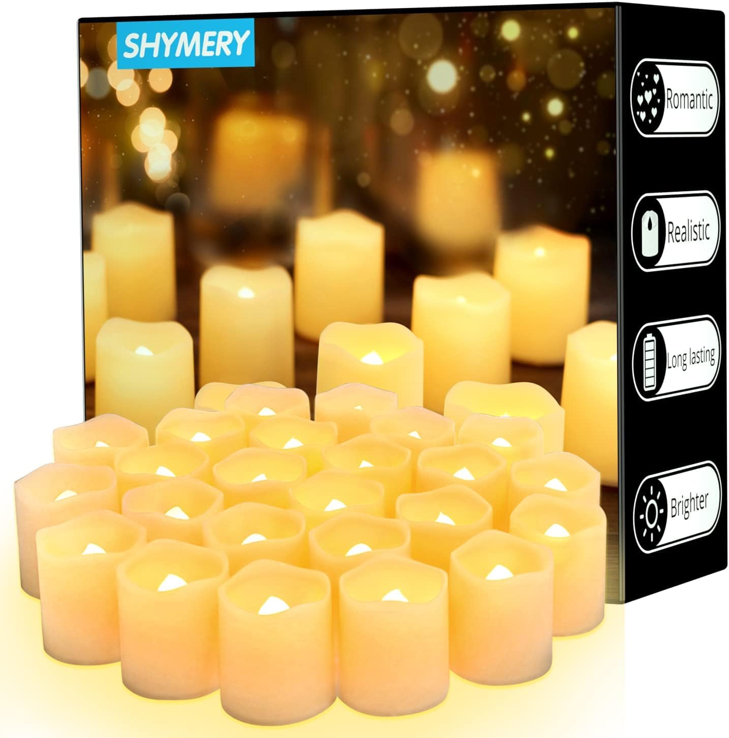 SHYMERY Flameless Votive Candles,Flameless Flickering Electric Fake Candle,24 Pack 200+Hour Battery Operated LED Tea Lights in Warm White for Wedding, Table, Halloween,Christmas Decorations 1.5"X1.7"