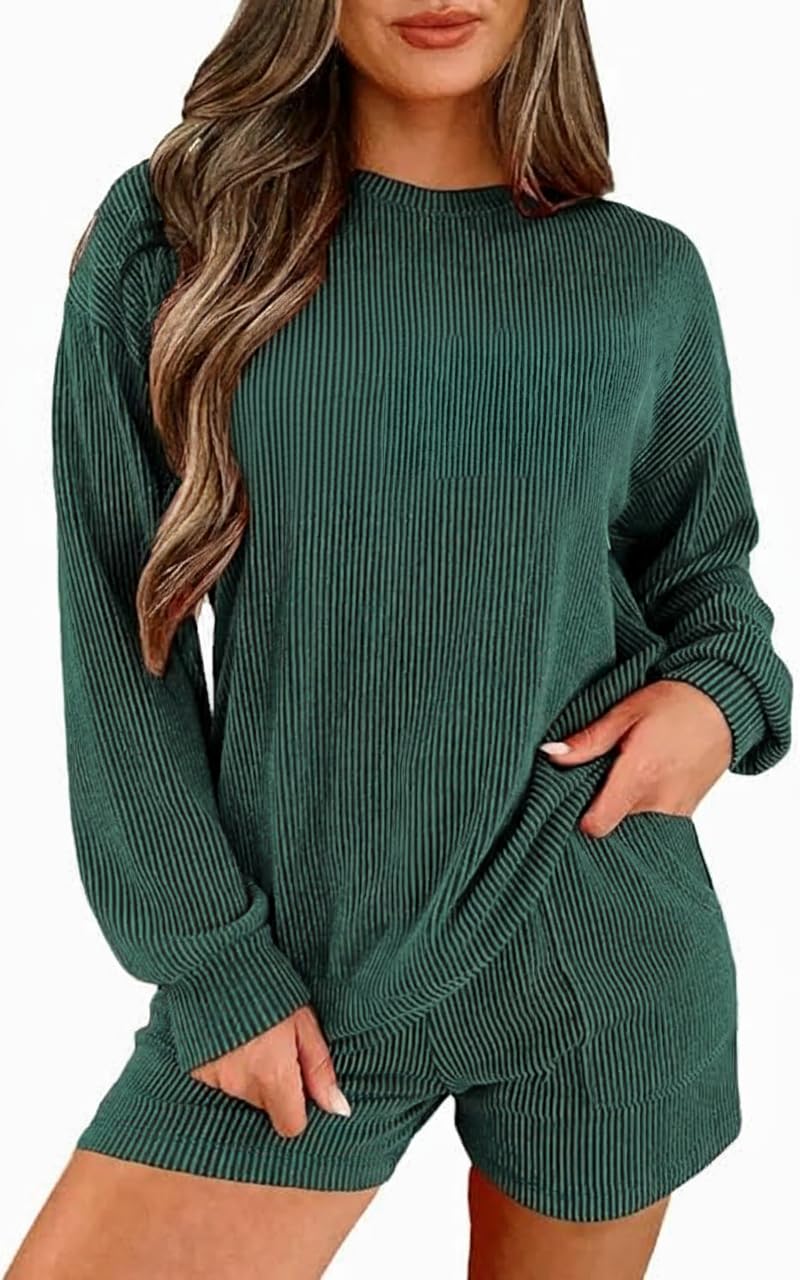 Womens Ribbed Pajama Sets Long Sleeve Top and Shorts Matching Lounge Set Loungewear Sweatsuit with Pockets