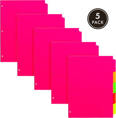 Pukka Pad, 5 Dividers, Binder Notebook File Page Separators, 5 Packs of 5 Tab Set, 8 ½ x 11 in. Neon Colors