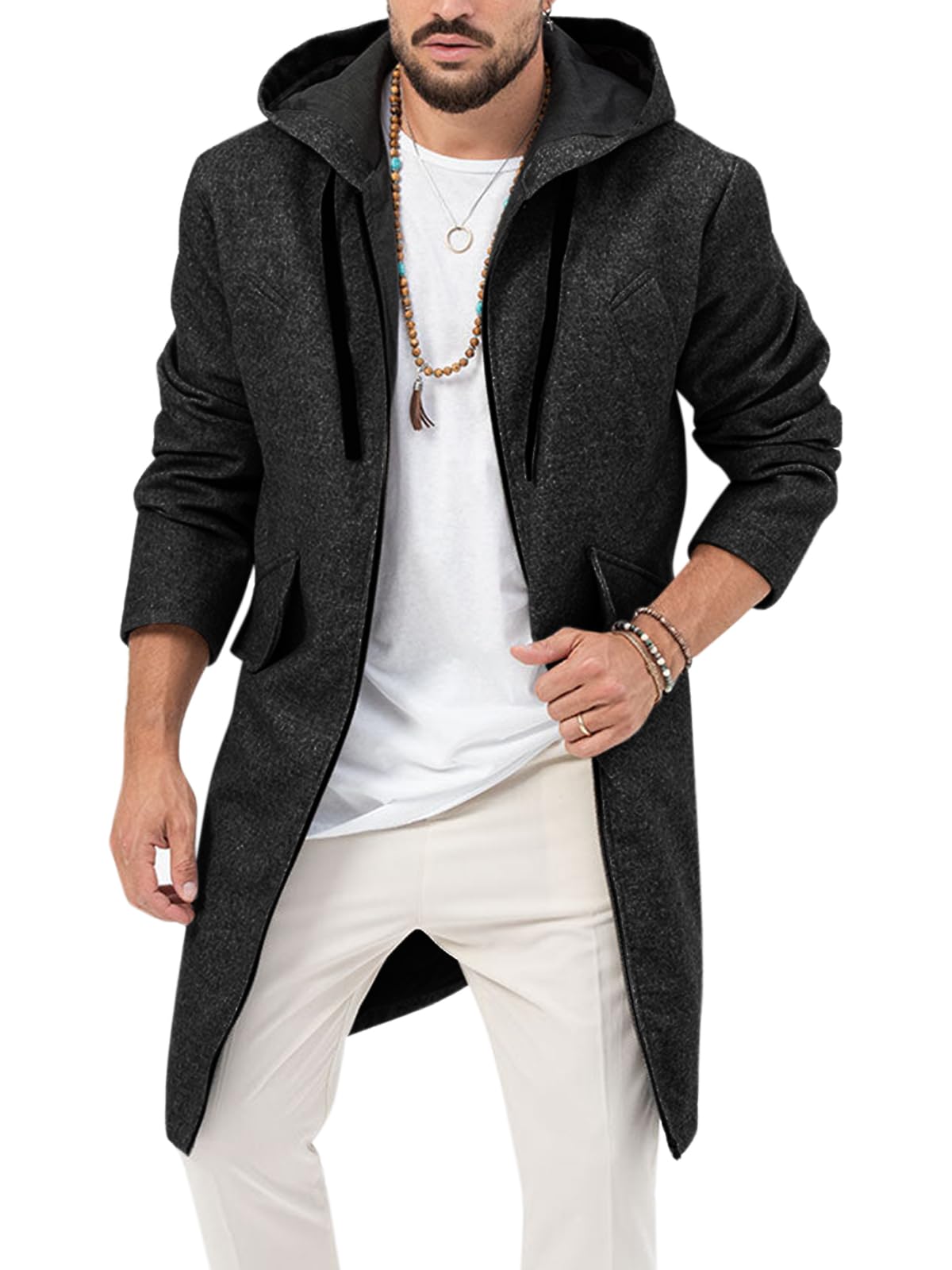 ZIWOCH Mens Trench Coat Wool Blend Hoodie Long Jacket Full Zip Winter Classic Business Overcoat